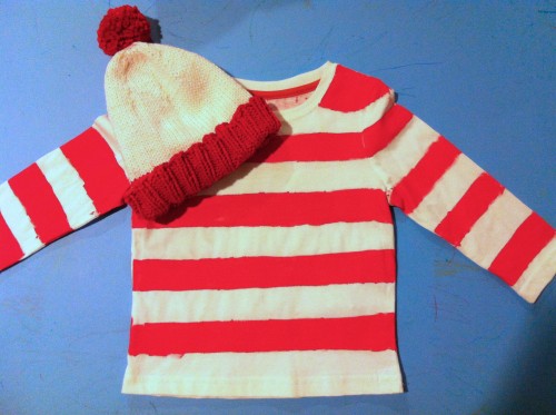 knitted Waldo hat, painted Waldo striped shirt