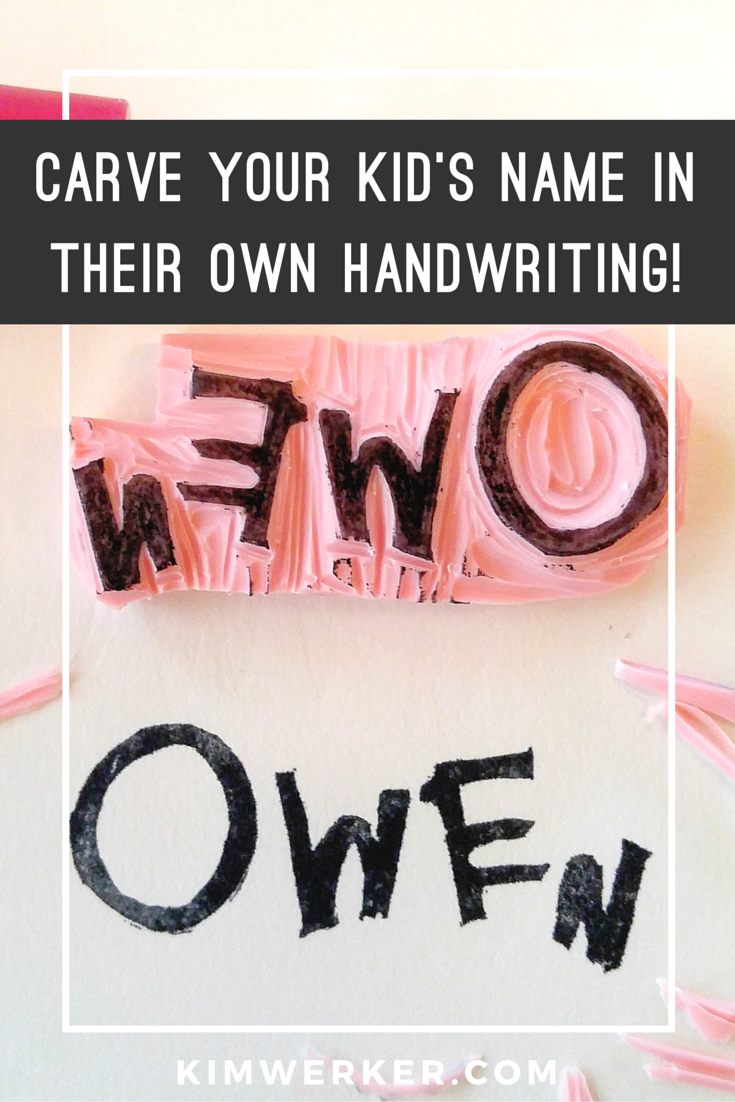 How to carve a stamp of your kid's handwriting: a photo tutorial.