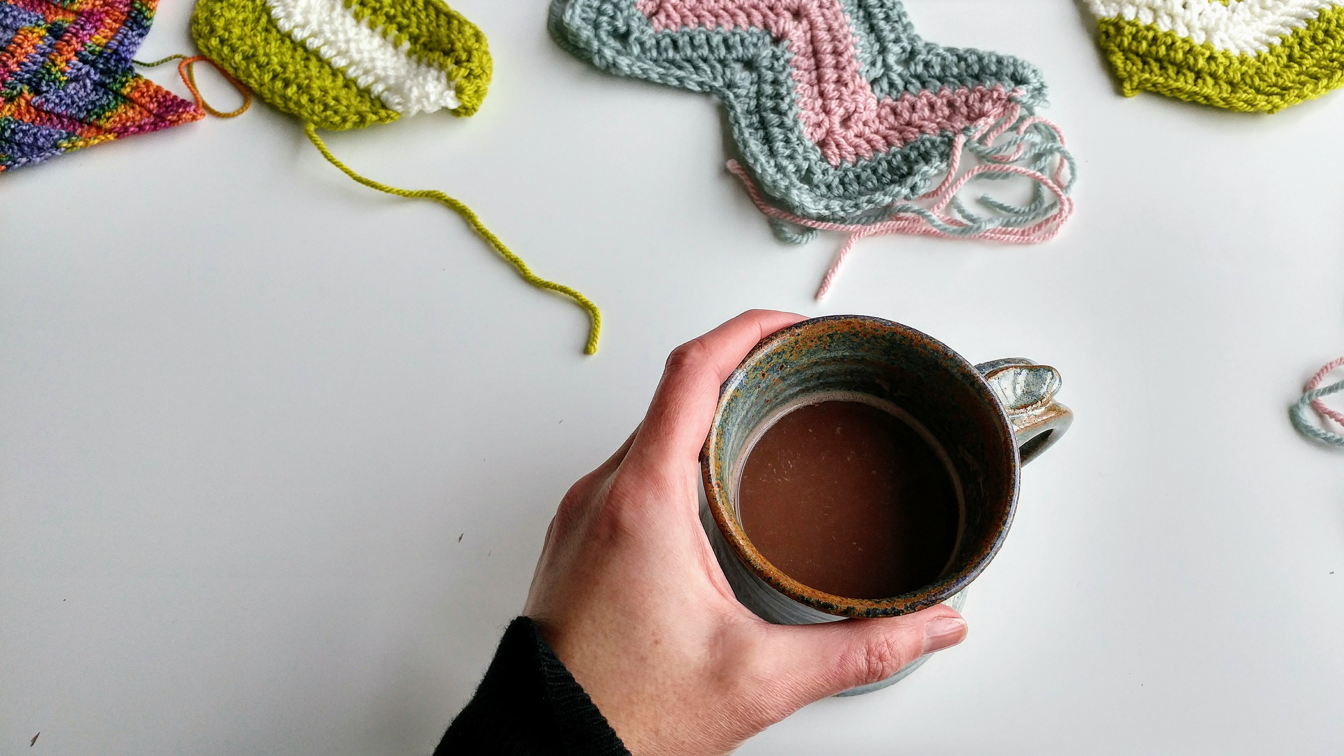 Coffee and crochet. More on my new class at https://www.kimwerker.com/blog